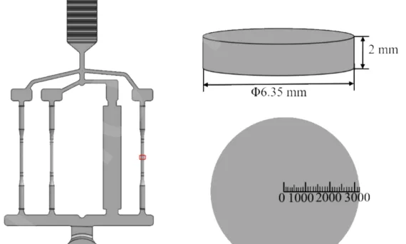 Fig. 1. casting schematic including three tensile bars with one diameter of 6.4 mm at the center and one plate sample with a thickness of 2.5 mm