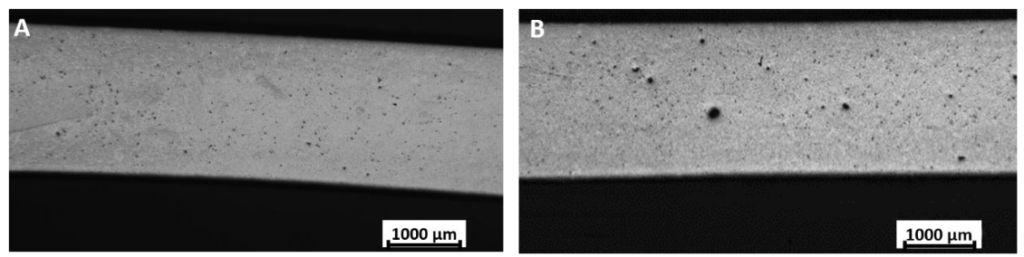 Fig. 1. Optical micrographs showing the porosities in the F (a) and T6 samples (b).
