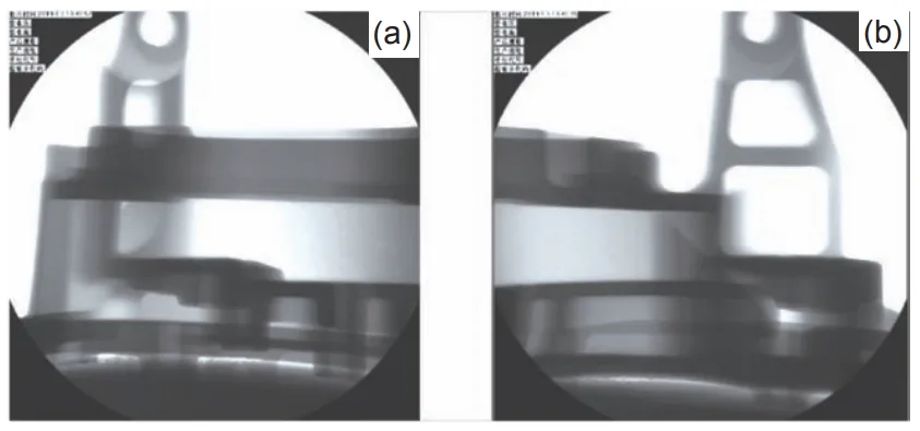 Fig. 8: Side view (a) and front view (b) of X-ray detection of casting