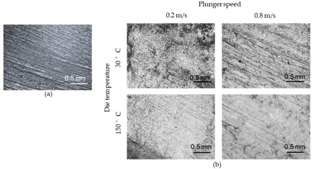 Figure 7. Effect of die temperature and plunger speed on surface conditions of spiral die-cast
specimens of 99.7%Al. (a) Surface of spiral die, (b) surfaces of spiral die-cast specimens.