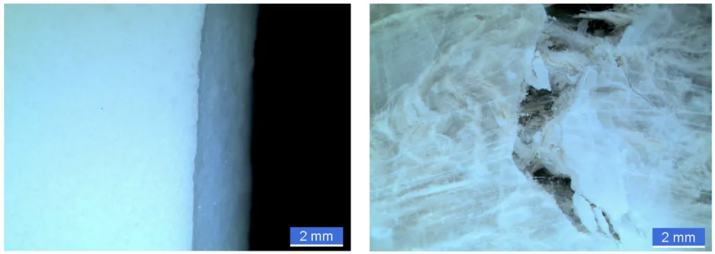 Figure 2. Fracture patterns of unreinforced salt (left) and flax fiber-reinforced salt (right). Due to the partly translucent salt matrix, the fibers close to the surface are visible in the non-damaged areas creating a marbled appearance.