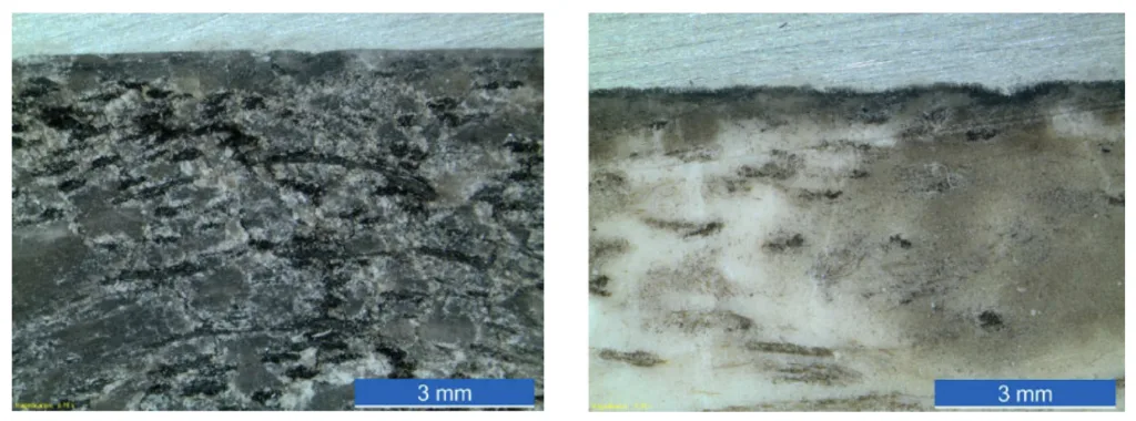 Figure 34. Micrographs of overmolded F0310 (left) and F3010 (right) specimens for the parameter
setting ‘‘high’’.