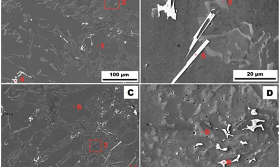 Figure 1. Structure of the AlSi10MnMg alloy cast into a sand mould (GSC): (A)—as-cast condition (HV 10 kV, BSE); (B)—as-cast condition (HV 10 kV, SE); (C)–condition after HT400 (HV 10 kV, BSE); and (D)—condition after HT400 (HV 10 kV, SE).