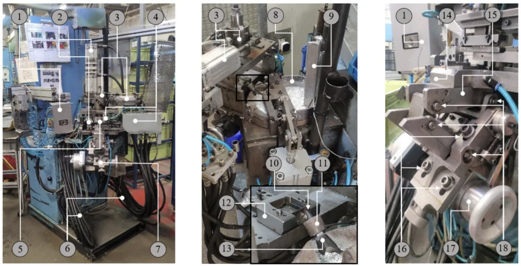 Figure 3. Workstation, Injection System and Coupling System and corresponding main components and location: (1) Cable trimming device; (2) Flower device and drive cylinder; (3) Mold closure system and drive cylinder; (4) Transfer and drive cylinder; (5) Mold and frame; (6) Air, water and oil hoses; (7) Coupling system; (8) Zamak container; (9) Zamak ingot; (10) Zamak injection nozzle; (11) Heating set; (12) Frame base; (13) Pump adaptor; (14) Support base; (15) Rotation mechanism; (16) Coupling tuning system; (17) Rotation drive system; (18) Dowel pins.