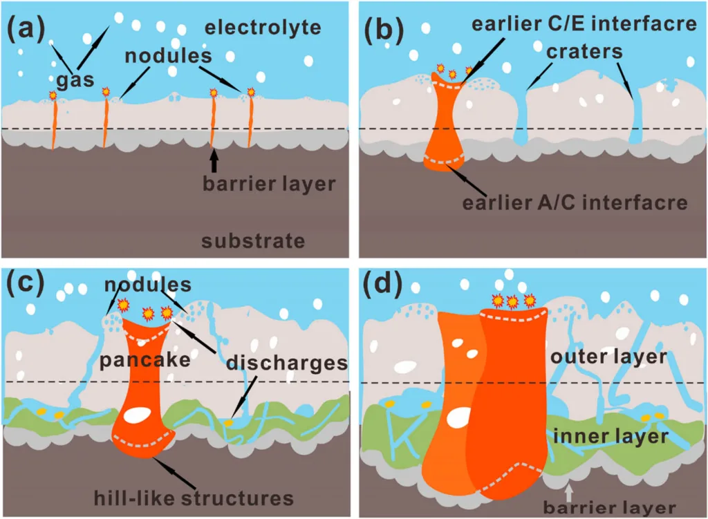 Figure 7
A growth and 3D structure model of the PEO coating at different stages: (a) breakdown of dielectric film under plasma discharges; (b) formation of PEO coating with open pores; (c) initial formation of three-layer structure; and (d) further evolution of three-layer structure [102].