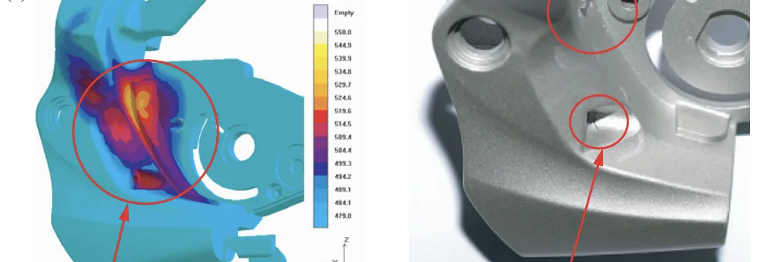 Figure 9. Defect caused by the unreasonable temperature distribution in the solidification process. (a) Simulation result; (b) real part.