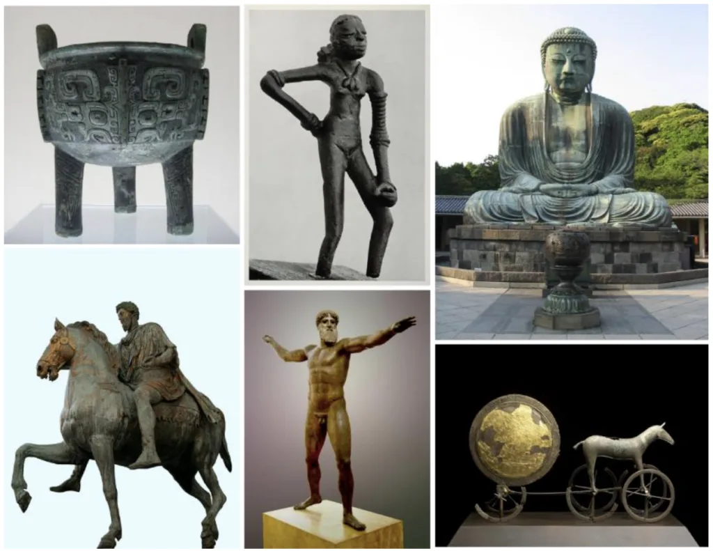 Figure 1. Bronze art representing the history of casting across millennia and cultures, clockwise from top left: a Chinese Ding ritual cauldron of the late Shang Dynasty, 18–11th century BC [5]; the Dancing Girl of Mohenjo-Daro, Indus civilization, approx. 2300–1750 BC [6]; the Amitabha Buddha at ¯ Kamakura, Japan, allegedly cast in 1252 AD [7]; the bronze age Sun Chariot of Trundholm, Denmark, now at Nationalmuseet, Copenhagen, dating back to 1400 BC [8]; the Artemision Bronze, a classic Greek sculpture of either Poseidon or Zeus, cast in the 5th century BC [9]; the equestrian statue or Roman emperor Marcus Aurelius, 165–166 AD [10]