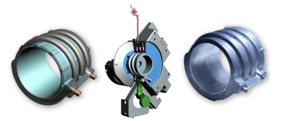 Figure 7. Electric motor housing demonstrator cast at ae group using the MH Technologies ZLeak Tube® concept for realization of cooling channels: left, CAD image showing geometry and position of the tubes (tube length is approx. 1400 mm, outer diameter 14 mm, wall thickness 2 mm); center, CAD image of casting with runner, overflows, etc. with parts of the mold; right, photograph of an actual casting [44].