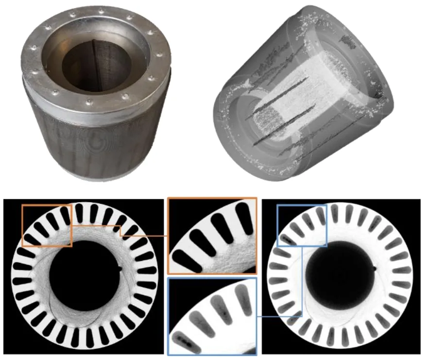 Figure 8. The pitfalls of rotor casting made visible via advanced CT techniques by Yxlon in cooperation with Fraunhofer IFAM: photograph of the actual rotor (top left), 3D high-energy CT image highlighting porosity in short-circuit rings and conductor bars (top right), 2D conventional (bottom left) and highenergy CT image (bottom right), with the latter clearly showing the differences in discernability of features within the cast material (images courtesy of Yxlon and Fraunhofer IFAM [50]).