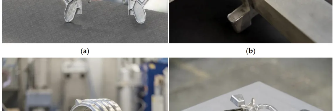 Figure 6. Sample images of parts produced by compound (a–c) and hybrid casting (d); (a,b) AlSi7Mg0.3 LPDC subsize front axle carrier frame demonstrator with integrated EN AW-6060 extrusion, general (a) and detail view (b); (c) AlSi9Cu3 HPDC e-motor housing demonstrator with integrated aluminum tubes as cooling channels, cast by ae group AG, Gerstungen, Germany; (d) aerospace secondary structure hybrid bracket combining a CFRP and an aluminum HPDC component [131] (all images by Fraunhofer IFAM).