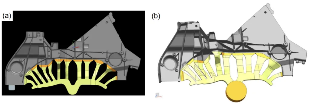 Fig. 14: Two gating designs for a large HPDC structural part: (a) Design 1; (b) Design 2