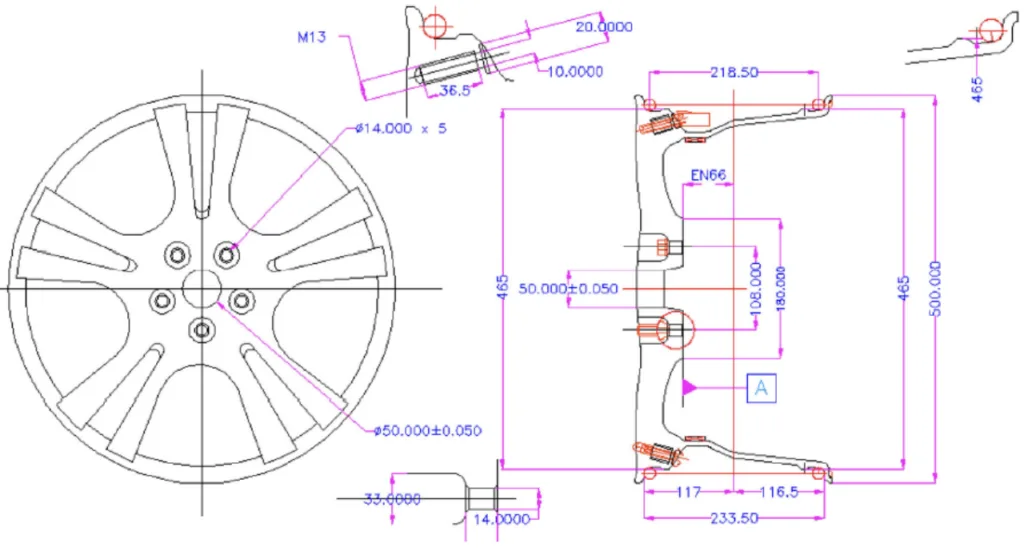 Fig. 8. Alloy wheel machining drawing with center hole diameter of ø50.000 (±0.050) [24].