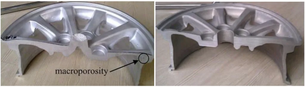 Fig. 13. Effect of the cooling and insulation process in removing the macroporosity defects in the junctions of prodcuced alloy wheels [33].