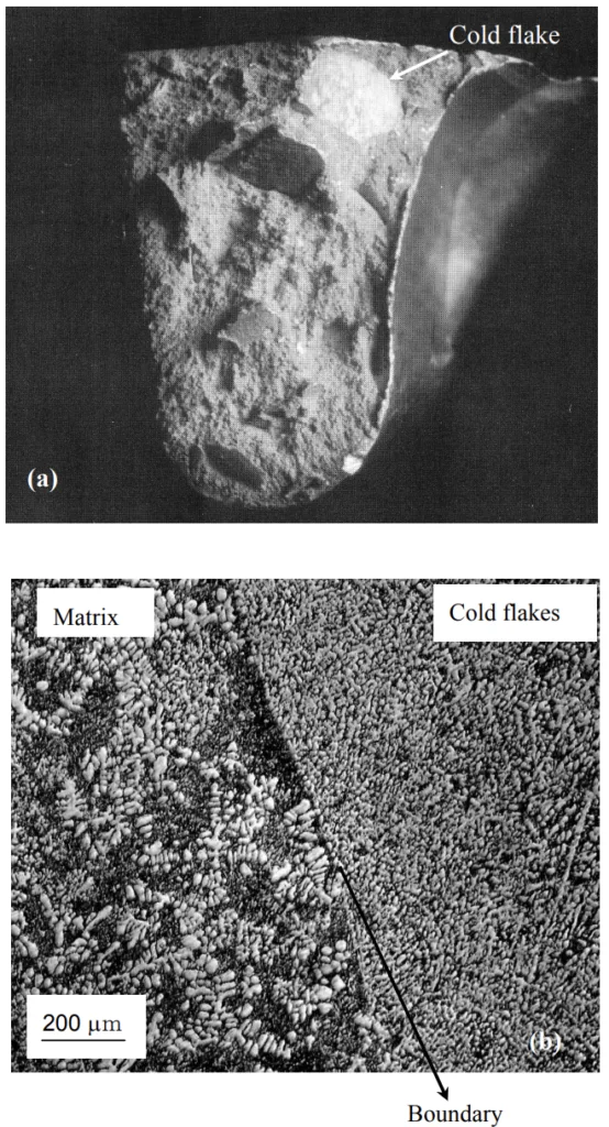 Fig. 1. 12 Typical cold flakes (a) cold flake in specimen (b) cold flake and matrix separating by a thin oxide boundary