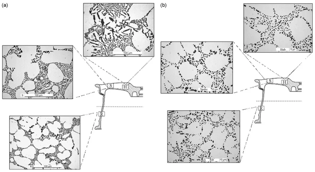 Fig. 2 – Microstructure of (a) wheel-1 and (b) wheel-2 with reference to the different positions analysed.