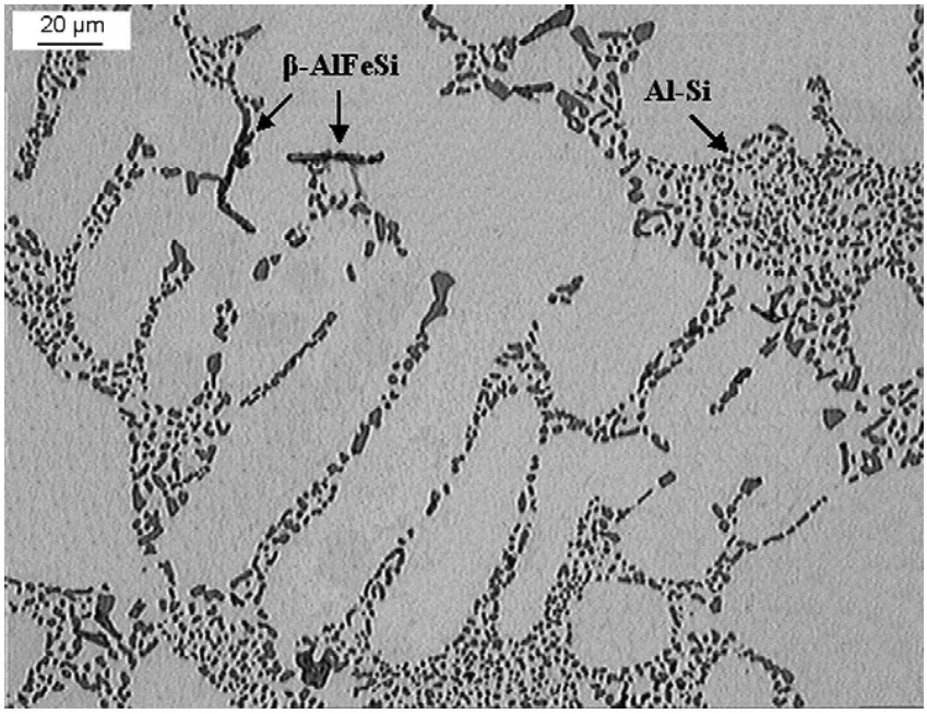 Fig. 5 – Optical micrograph showing secondary phase
particles in rim area of wheel-3. The distribution of eutectic
silicon is homogeneous and globular.