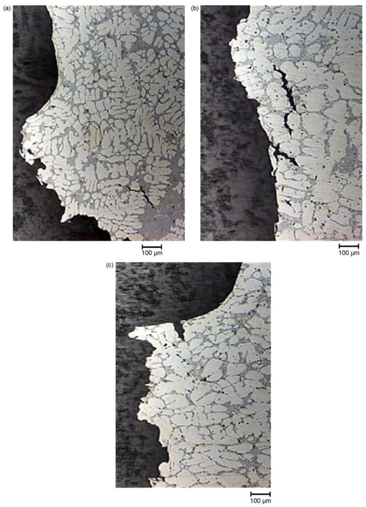 Fig. 10 – Optical micrographs of the fracture profiles of samples drawn from (a) the rim of wheel-1 and from (b) the spoke of wheel-2 and (c) wheel-3. Secondary cracks are evident.