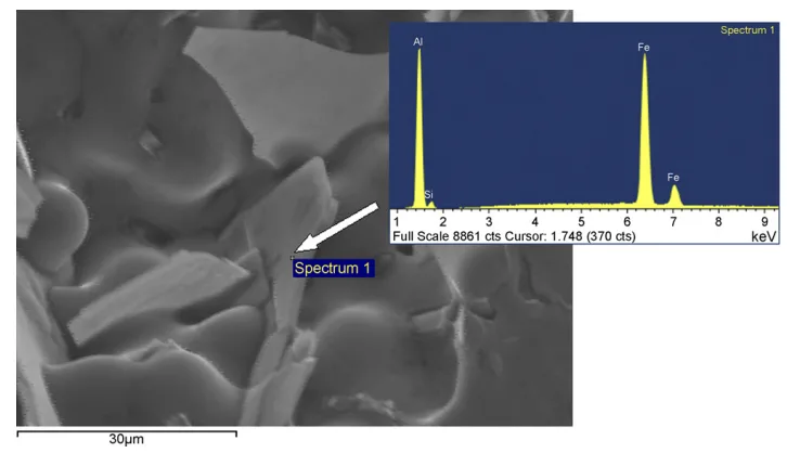 Fig. 12 – SEM micrograph of -AlFeSi platelet, on the fracture surface of sample drawn from the spoke of wheel-3, with EDS spectra.