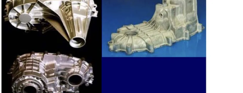 Fig. 9 Examples of automotive components made of Mg alloys (a: Engine block, b: Steering column module, c: Door frame / Key lock housing, d: Oil pan, e: Steering wheel, f: Transfer case/Transmission housing, g: Seat frame, h: Wheel)