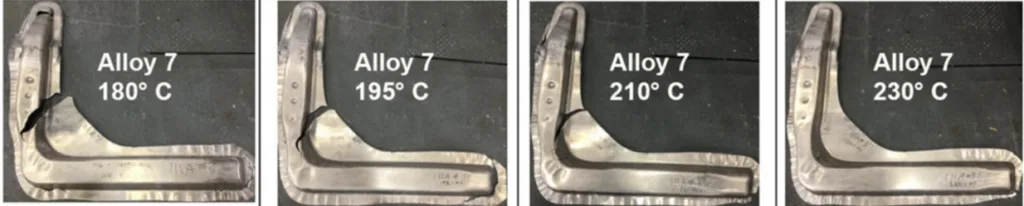 Figure 10. Forming trial results on 7xxx alloy at various forming temperatures (reproduced with permission from Reference [279]; copyright © 2024, The Minerals, Metals & Materials Society).