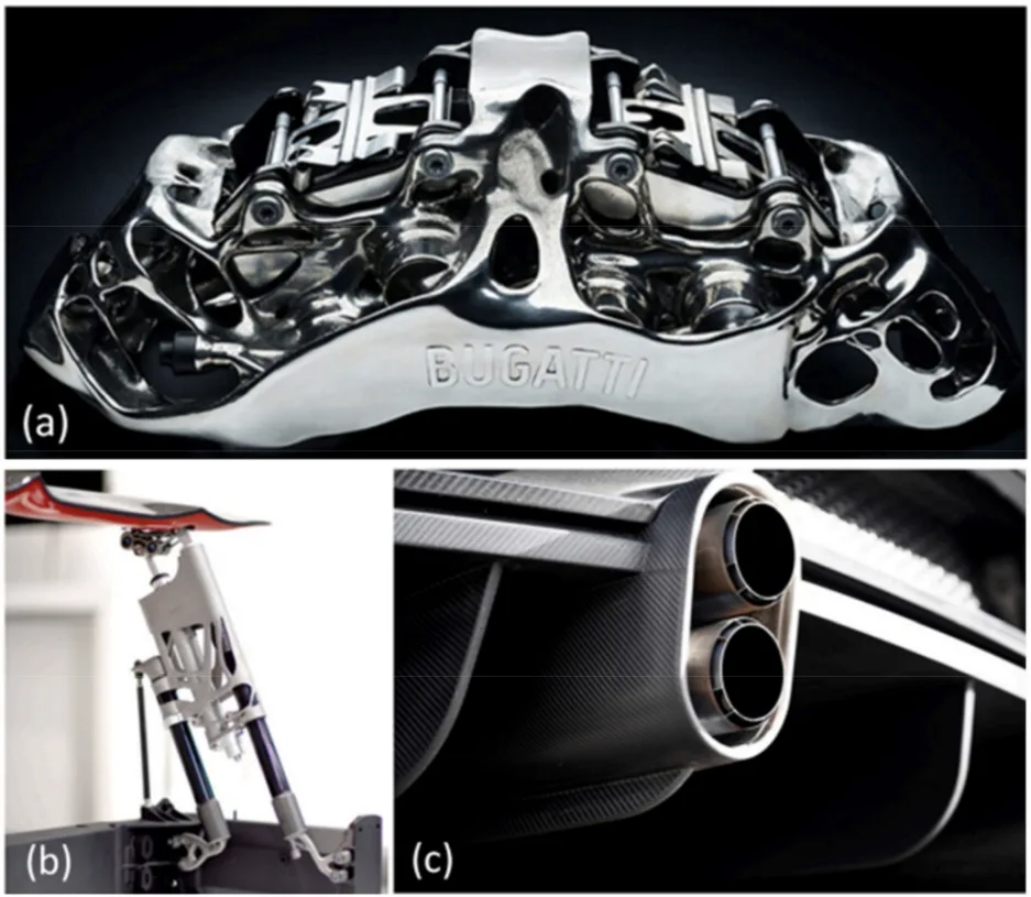 Figure 14. Bugatti titanium components: (a) eight-piston monobloc brake calliper, (b) active
spoiler bracket, and (c) tailpipe trim covers (reproduced with permission from Reference [319];
copyright © 2024 The Authors. Published by Elsevier B.V.).