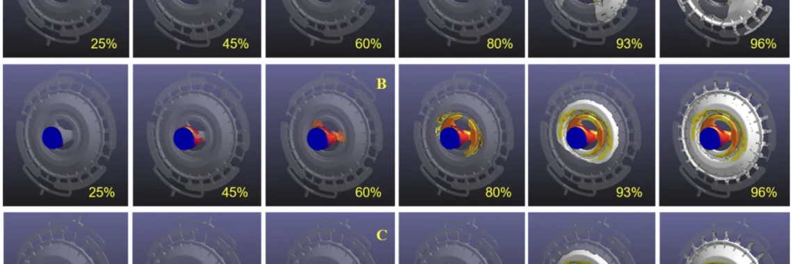 Figure 3. Simulation results of the melt filling process: (A) Case 1; (B) Case 2; (C) Case 3
