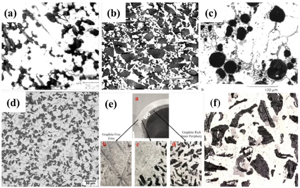 Figure 11. (a) microstructure of Al–Si/Saffil fiber, (b) A356/SiC composites, (c)Al–Si/ 20 vol% spherical Al2O3p, (d)silicon carbide particle-reinforced aluminum composite, and (e–f) Al–Si/20 vol%–graphite particle composite.2