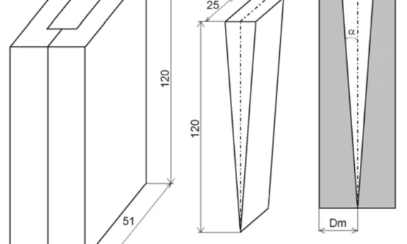 Fig.1 Schematic depiction of the wedge-shape copper mould-casting device used to give a range of cooling rates during solidification (the dimensions are in millimetres); the two halves of the copper mould; the wedge-shape Al alloy casting; vertical cross section through the wedge-shape “mould-casting device’