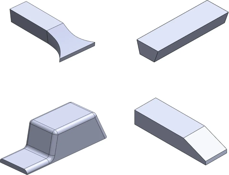 Fig. 8 Illustration of the features available in the gating-system feature library. a Fan Gate with trapezoid runner. b Trapezoid runner. c Trapezoid overflow. d Rectangular runner with chisel gate