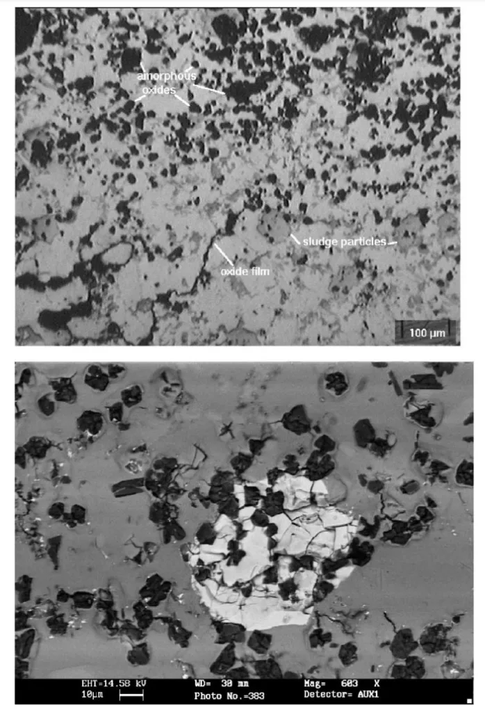 Fig. 13. Inclusions found in a filter cake formed from filtering a dirty melt (	80,000 particles greater than 20 mm/kg of molten metal) with PoDFA. Top: optical image; bottom: backscattered electron image (the bright phase is a sludge particle, the black particles are amorphous oxides).