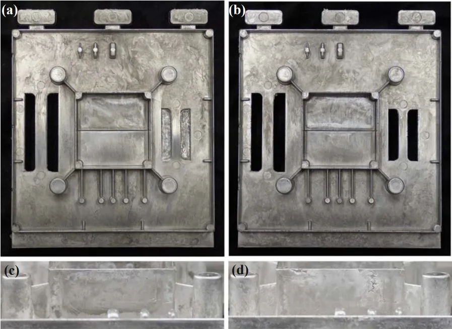 Fig. 1 Pictures of one of the better castings a and c die temperature 250 °C and injection velocity 2.0 m/s, and worst castings b and d die temperature 180 °C and injection velocity 1.3 m/s for AS31